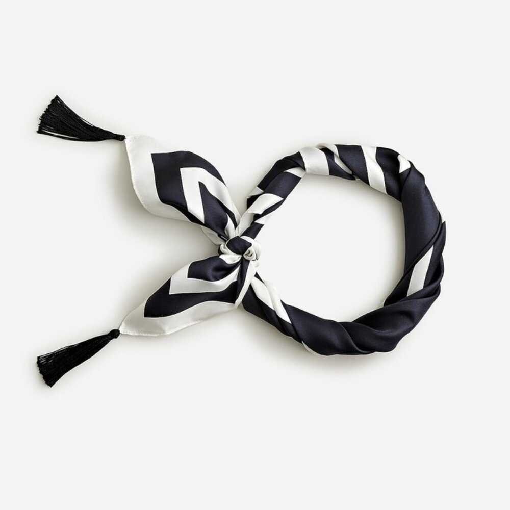 J. Crew 30” Silk Scarf With Tassels Black & White